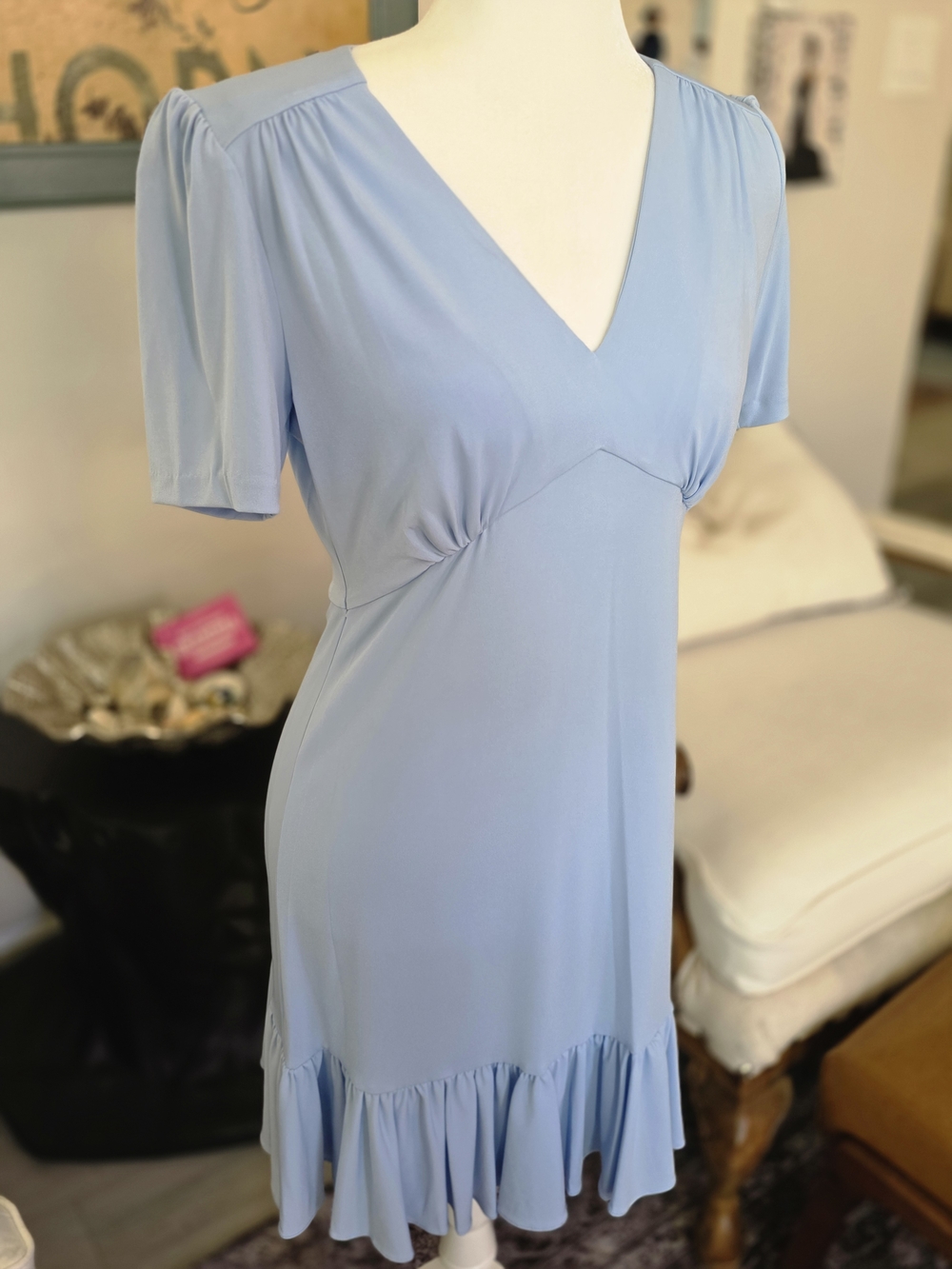 Michael Kors Pale Blue V-Neck Ruffle Hem Mini Dress